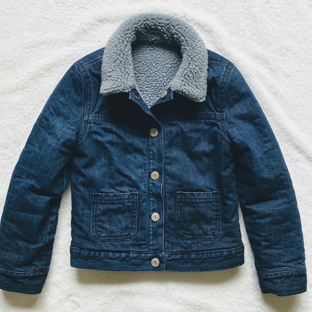 GAP Dark Blue Denim Jacket with Gray Sherpa Collar